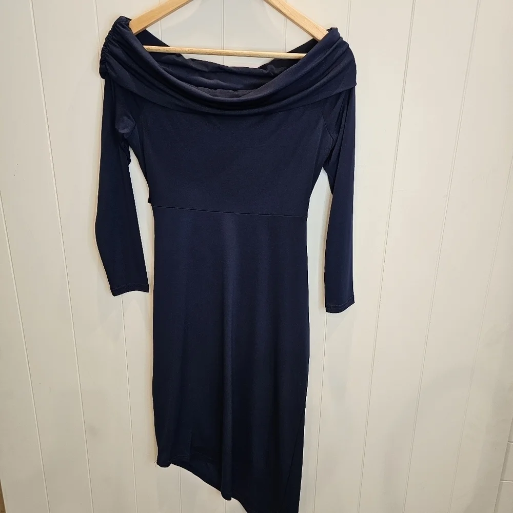 Sam Edelman Off the Shoulder Long Sleeve Midi Body-Con Dress Women's Size 6 Navy - Picture 9 of 13